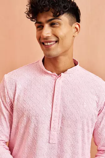 pink chikankari kurta with cream pant - traditional embroidered set