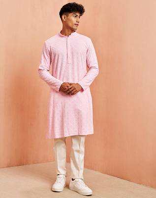 pink chikankari kurta with cream pant - traditional embroidered set 3