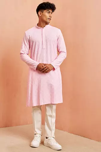 pink chikankari kurta with cream pant - traditional embroidered set