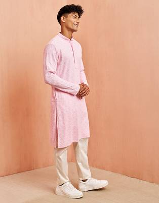 pink chikankari kurta with cream pant - traditional embroidered set 4