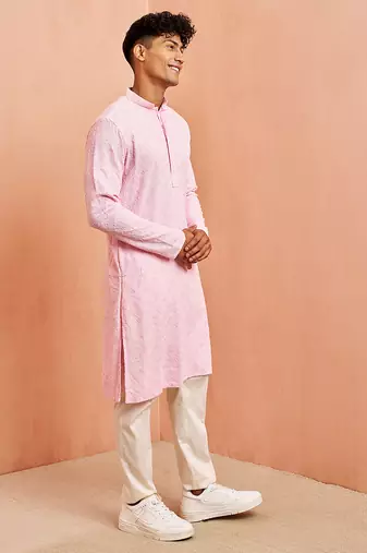 pink chikankari kurta with cream pant - traditional embroidered set
