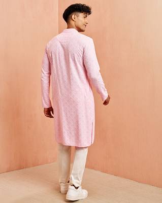 pink chikankari kurta with cream pant - traditional embroidered set 5