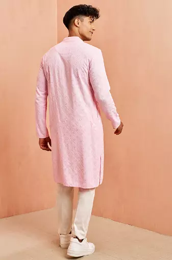 pink chikankari kurta with cream pant - traditional embroidered set