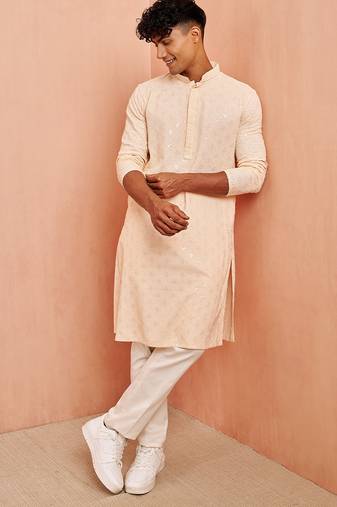 Beige chikankari kurta with cream pant - festive embroidered set