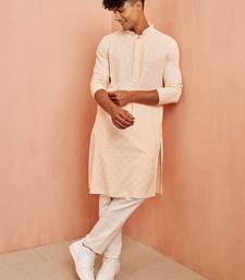 Beige chikankari kurta with cream pant - festive embroidered set
