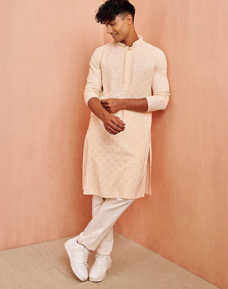Beige chikankari kurta with cream pant - festive embroidered set