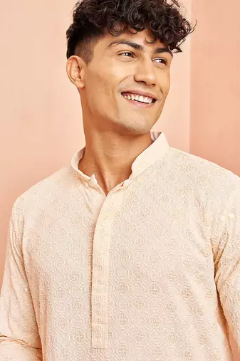 Beige chikankari kurta with cream pant - festive embroidered set
