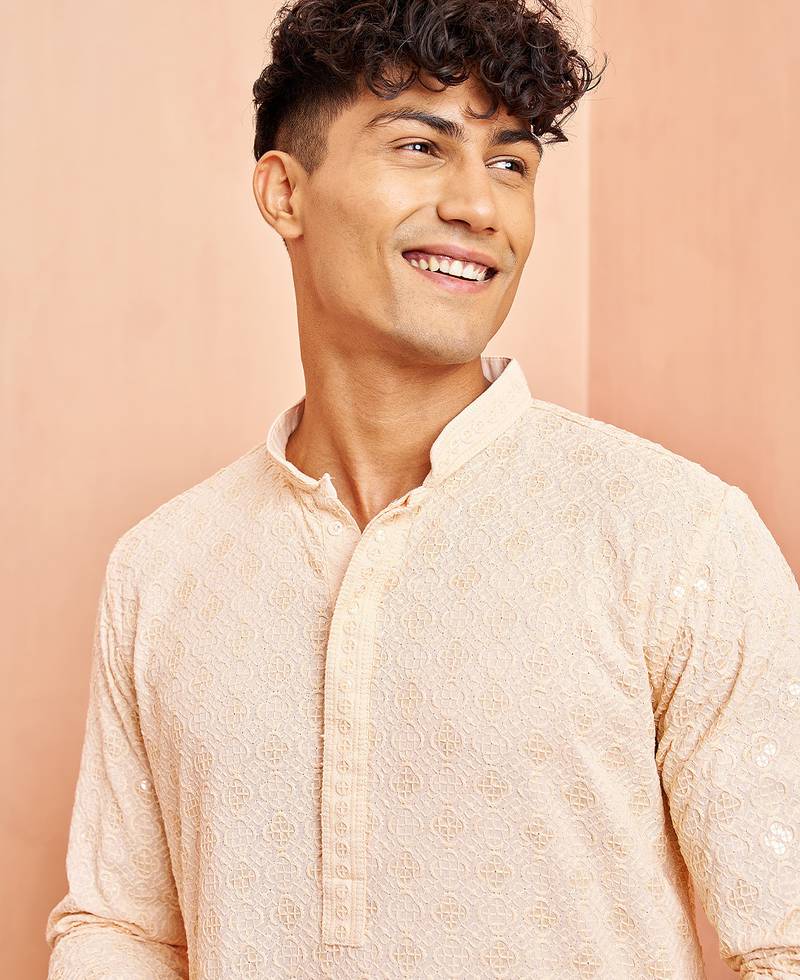 Beige chikankari kurta with cream pant - festive embroidered set