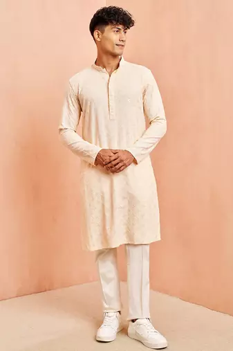 Beige chikankari kurta with cream pant - festive embroidered set