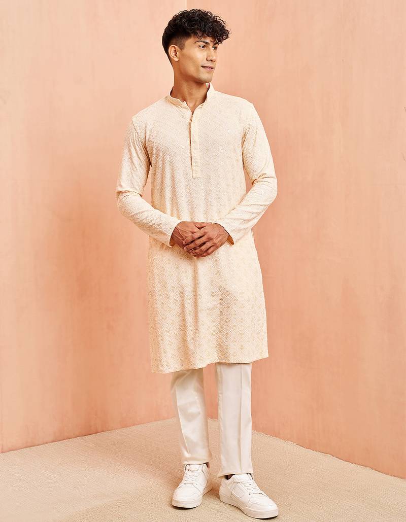 Beige chikankari kurta with cream pant - festive embroidered set