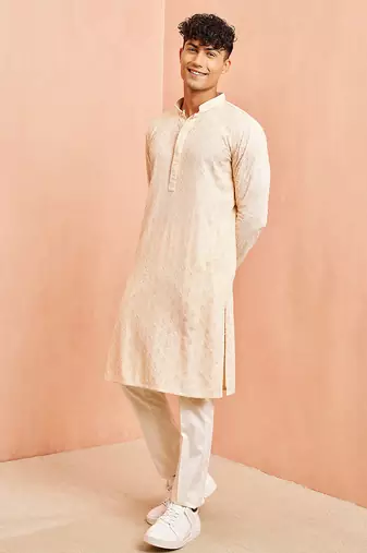 Beige chikankari kurta with cream pant - festive embroidered set