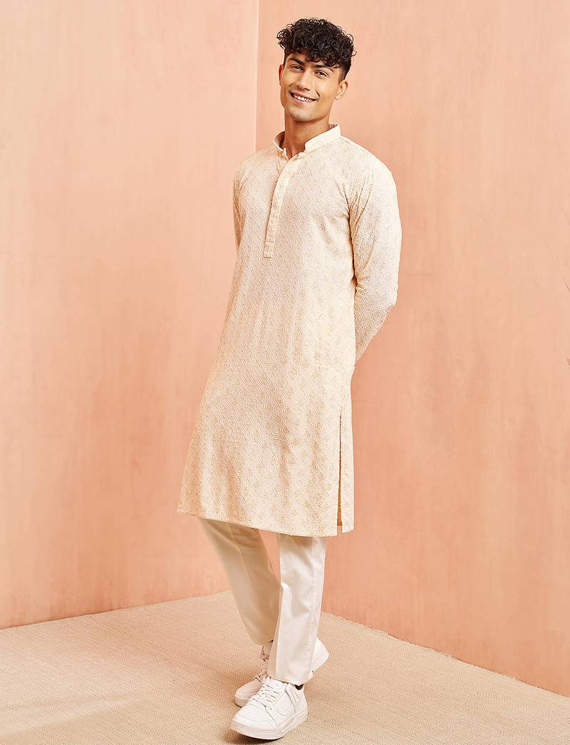 Beige chikankari kurta with cream pant - festive embroidered set