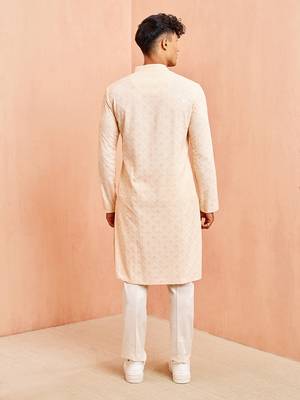 Beige chikankari kurta with cream pant - festive embroidered set 5