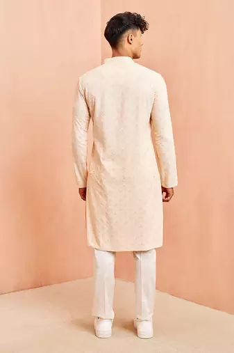 Beige chikankari kurta with cream pant - festive embroidered set