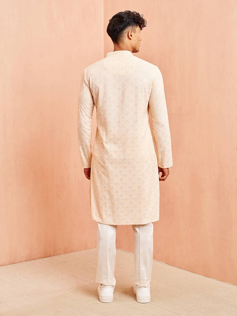 Beige chikankari kurta with cream pant - festive embroidered set