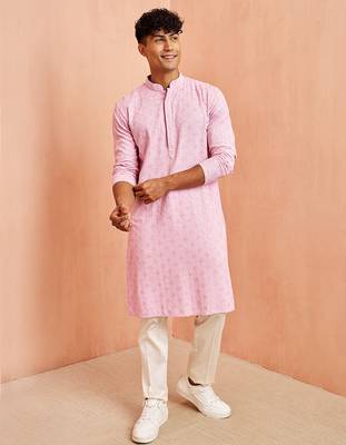 onion chikankari kurta with cream pant - traditional embroidered set 1