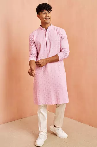 onion chikankari kurta with cream pant - traditional embroidered set