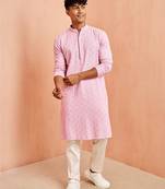 onion chikankari kurta with cream pant - traditional embroidered set