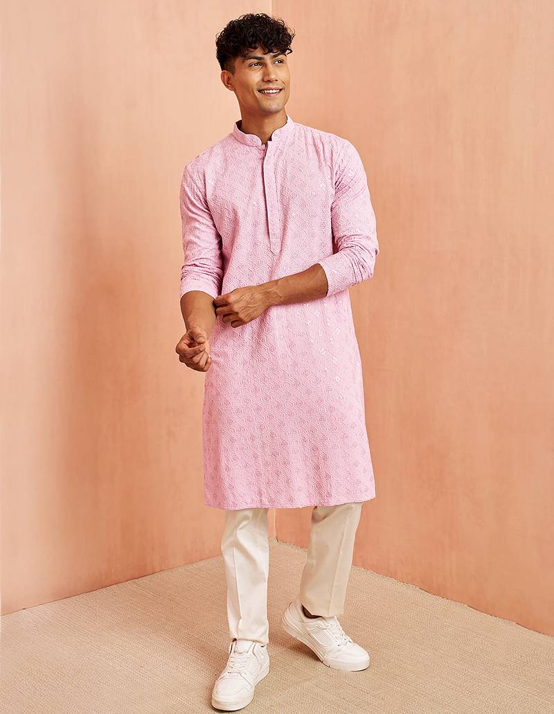 onion chikankari kurta with cream pant - traditional embroidered set