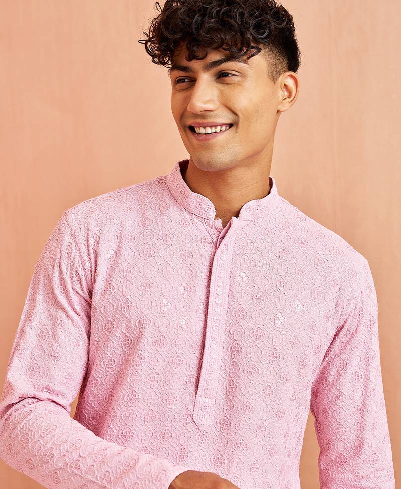 onion chikankari kurta with cream pant - traditional embroidered set