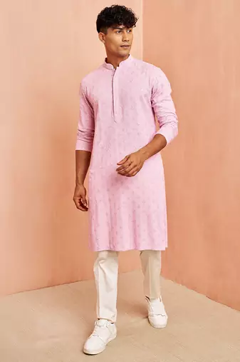 onion chikankari kurta with cream pant - traditional embroidered set