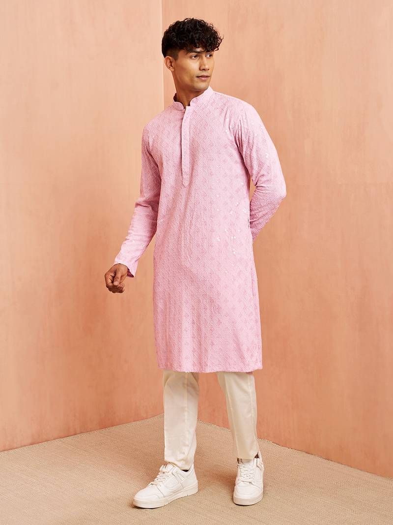 onion chikankari kurta with cream pant - traditional embroidered set