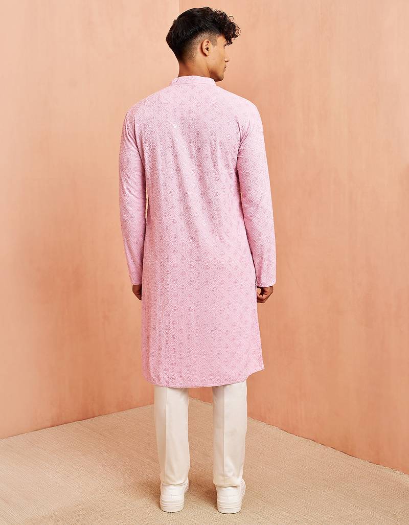 onion chikankari kurta with cream pant - traditional embroidered set