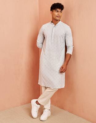 Blue chikankari kurta with cream pant - modern embroidered set 1