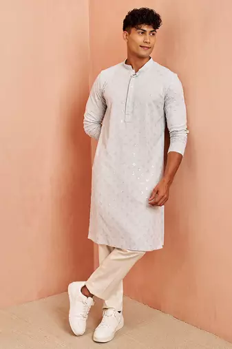 Blue chikankari kurta with cream pant - modern embroidered set