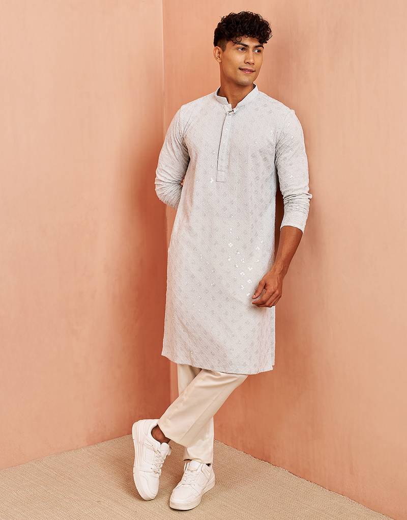 Blue chikankari kurta with cream pant - modern embroidered set