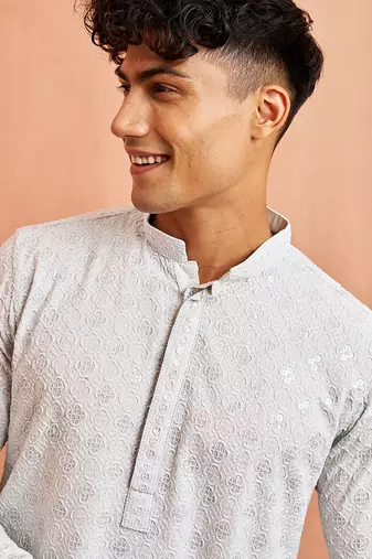 Blue chikankari kurta with cream pant - modern embroidered set