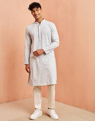 Blue chikankari kurta with cream pant - modern embroidered set 3