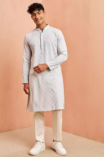 Blue chikankari kurta with cream pant - modern embroidered set