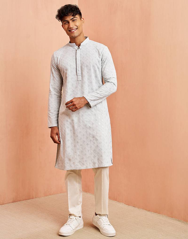 Blue chikankari kurta with cream pant - modern embroidered set