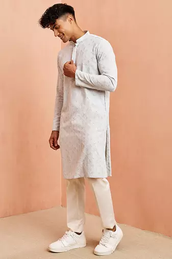 Blue chikankari kurta with cream pant - modern embroidered set