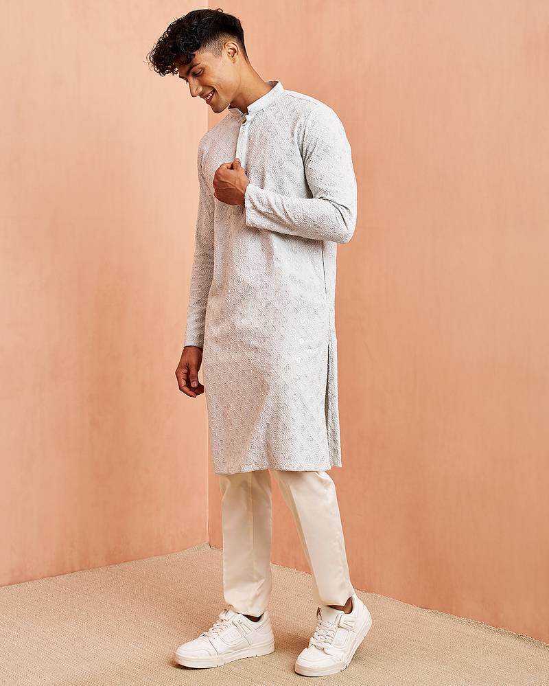 Blue chikankari kurta with cream pant - modern embroidered set