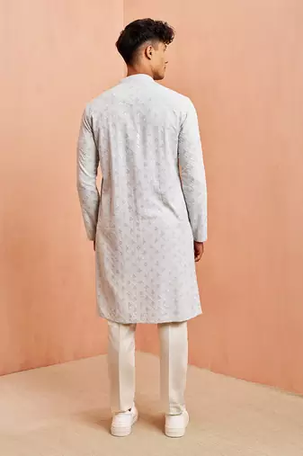 Blue chikankari kurta with cream pant - modern embroidered set