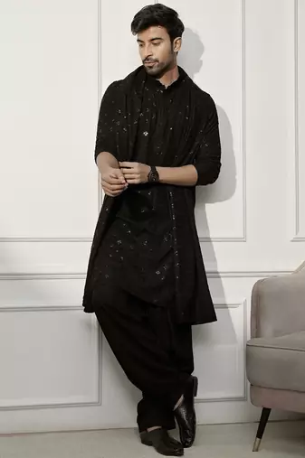 black kurta patiala set with dupatta – chikankari kurta, patiala bottom, rayon dupatta – perfect for grand celebrations.