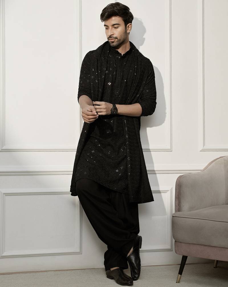 black kurta patiala set with dupatta – chikankari kurta, patiala bottom, rayon dupatta – perfect for grand celebrations.