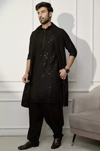 black kurta patiala set with dupatta – chikankari kurta, patiala bottom, rayon dupatta – perfect for grand celebrations.