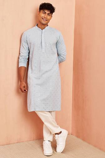 aqua chikankari kurta with cream pant - sequin embroidered set