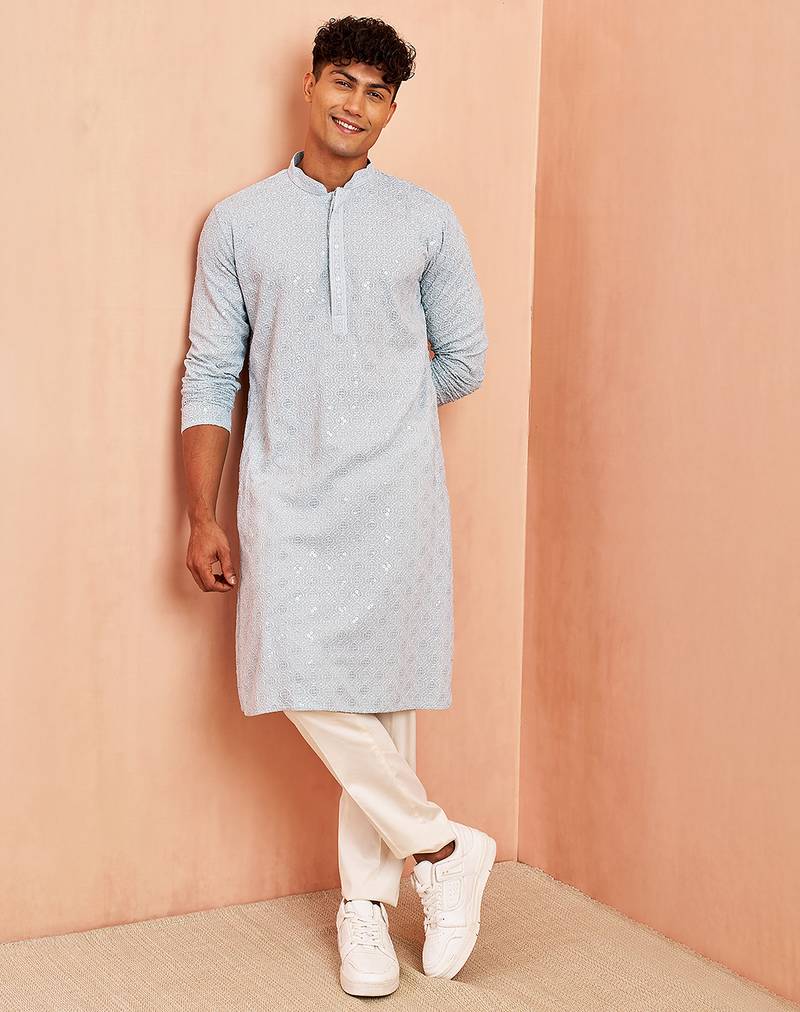 aqua chikankari kurta with cream pant - sequin embroidered set