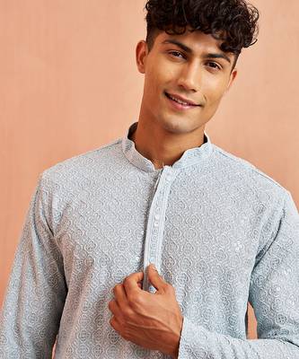 aqua chikankari kurta with cream pant - sequin embroidered set 2