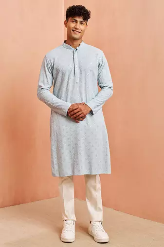 aqua chikankari kurta with cream pant - sequin embroidered set