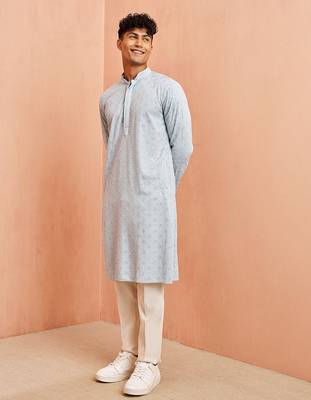 aqua chikankari kurta with cream pant - sequin embroidered set 4