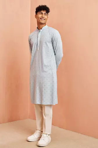 aqua chikankari kurta with cream pant - sequin embroidered set