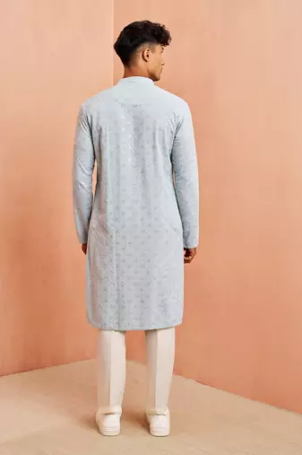 aqua chikankari kurta with cream pant - sequin embroidered set