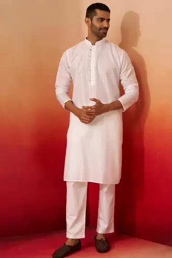 white wave pattern kurta with pyjama - elegant geometric set