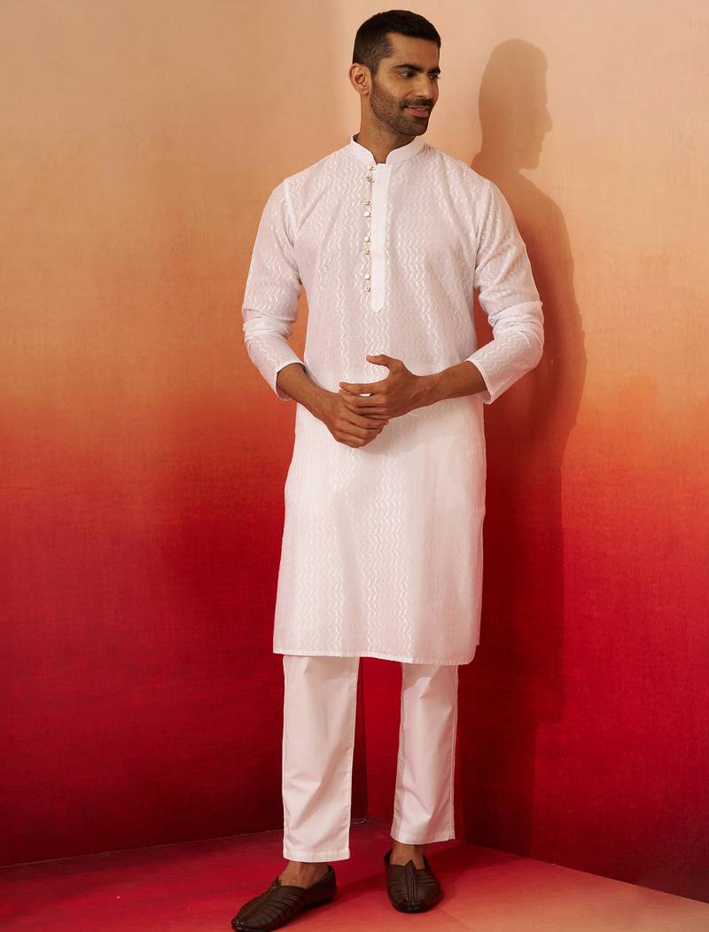 white wave pattern kurta with pyjama - elegant geometric set