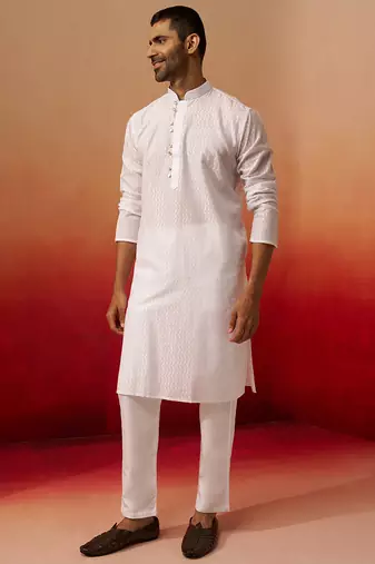 white wave pattern kurta with pyjama - elegant geometric set